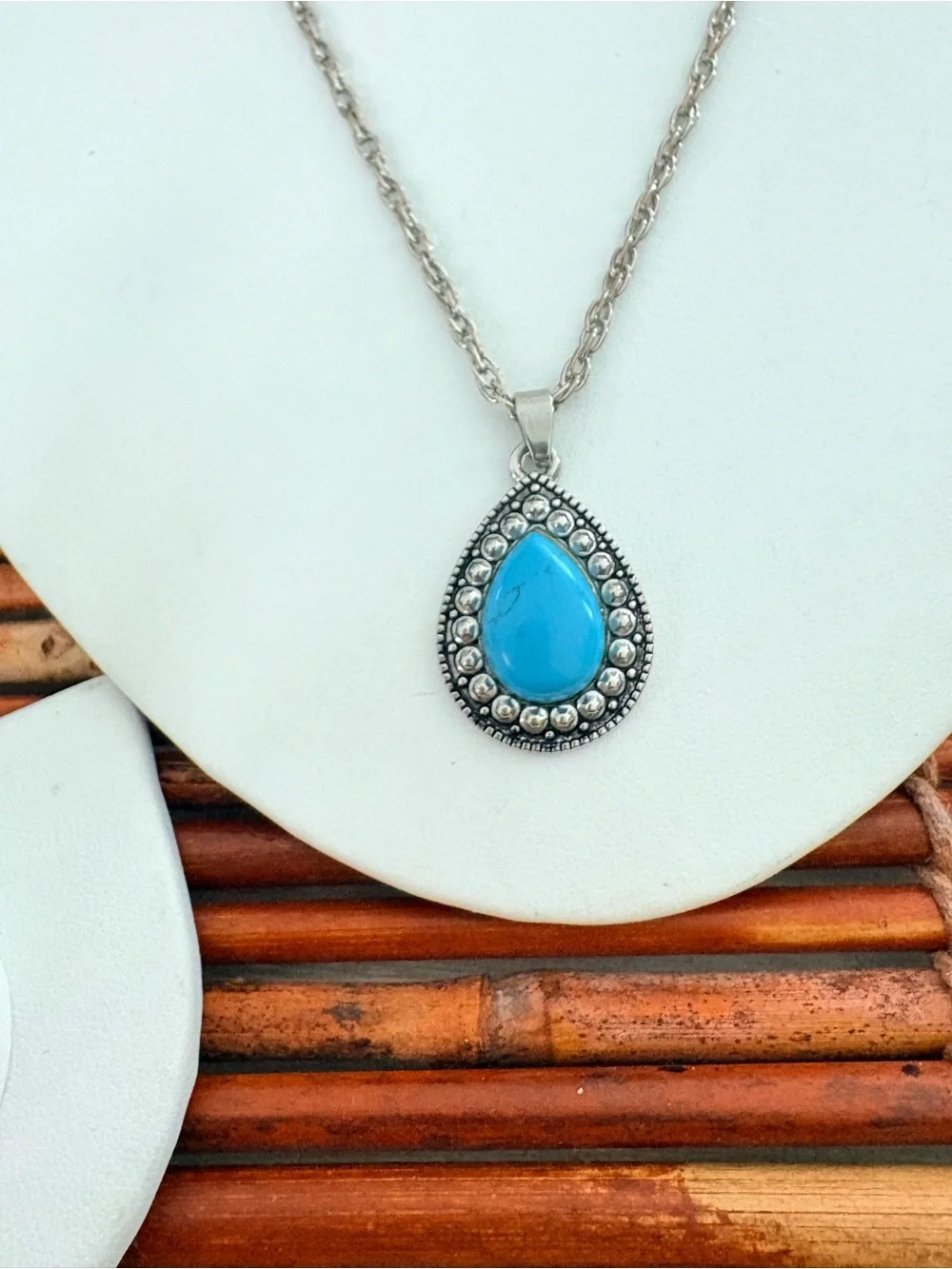 Faux Turquoise Teardrop Necklace Matching Ring Silver Tone Size 7 18”-20”